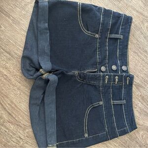 High-Waist Dark Blue Denim Shorts with Folded Hem